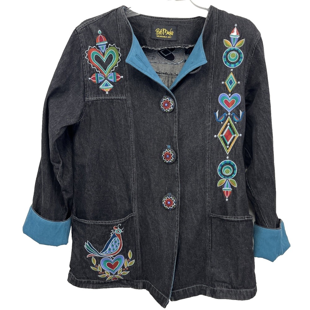 Vintage Bob Mackie Wearable Art Embroidered Black Denim Jacket Size M Turquoise